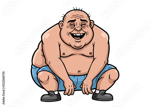 Humorous Illustration of a Happy, Overweight Man in a Low Squat Position