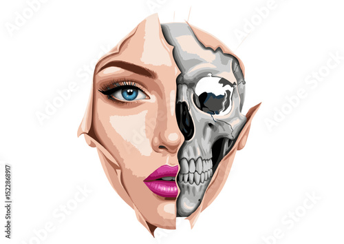 Surreal Digital Art Half Woman, Half Skull Face Illustration -  A Striking Visual Metaphor of Mortality and Beauty, Exploring Themes of Life and Death in a Unique Artistic Style