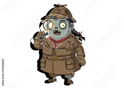Adorable Zombie Detective Cartoon Illustration of a Cute Undead Investigator with Magnifying Glass