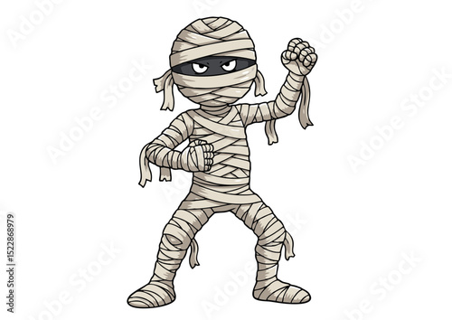 Cartoon Mummy Character Illustration  A Fun, Spooky Halloween Design Featuring a Bandaged Figure in a Powerful Pose, Perfect for Festive Projects and Decorations