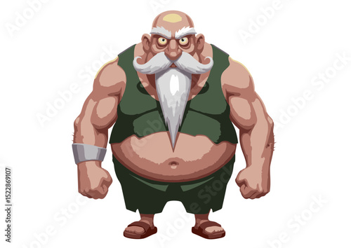 Powerful Muscular Old Man Cartoon Character Illustration Strong, Bald, White Beard, Angry Expression, and Green Clothing
