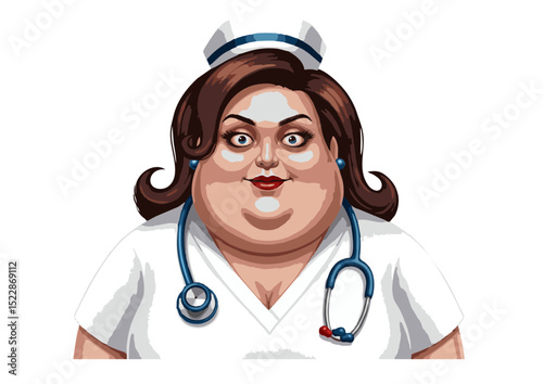 Smiling Plus-Size Nurse Cartoon Illustration  A Cheerful and Approachable Medical Professional Character Design, Perfect for Healthcare Websites, Blogs, and Medical-Themed Projects