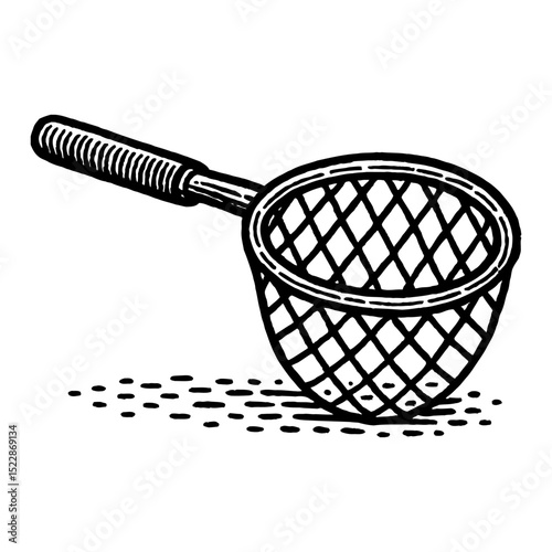 Fishing Landing Net Black and White Outline Line Art Drawing in Retro Vintage Engraving Style