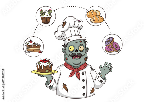 Undead Baker Zombie Chef Baking Delicious Treats, Spooky Sweets, and Ghoulish Goodies - Halloween Illustration