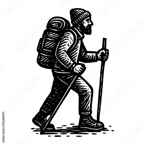 Hiker Walking with Backpack in Black and White Outline Line Art Drawing Style Illustration