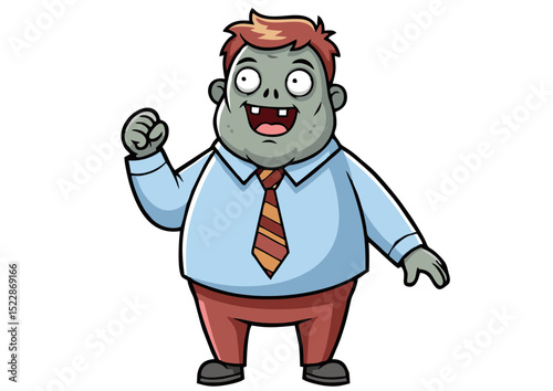 Cartoon illustration of a cheerful, overweight zombie businessman, playfully raising his fist, showcasing a unique blend of horror and humor in a vibrant, expressive style.