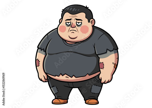 Sad Obese Man Cartoon Illustration Depicting Poverty, Health Issues, and Social Struggles