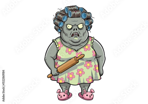 Angry Zombie Housewife Illustration  A Spooky and Hilarious Cartoon Character Design Featuring a Decaying Woman in Curler and Dress, Wielding a Rolling Pin