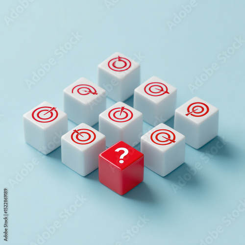 Minimalist arrangement of gloss white blocks with bold red targets on a calming light blue backdrop