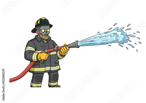 Skeleton Firefighter Cartoon Illustration Brave Bone-Dry Hero Extinguishing Blazes with Water Hose