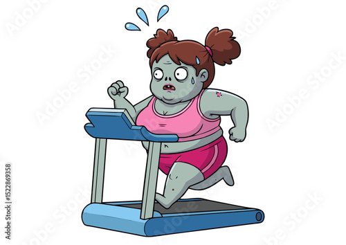 Zombie Girl Running on Treadmill Hilarious Fitness Illustration