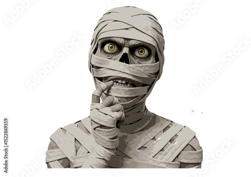 Spooky Mummy Illustration Ghastly Halloween Character Design, Creepy Undead Figure, Ancient Egyptian Theme,  Horror Artwork, Mysterious and Frightening