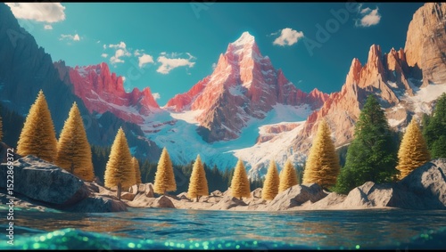 Adventure-Inspired Rug Featuring Mountain Peaks and Trees with Empty Space for Text photo