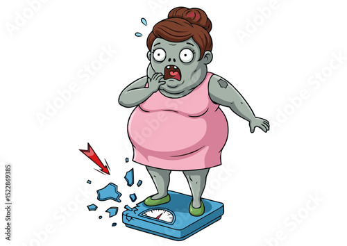 Shocked Zombie Woman on a Broken Scale Hilarious Weight Loss Illustration