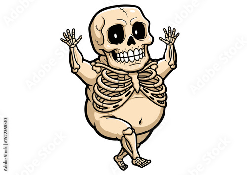 Cartoon illustration of a chubby skeleton playfully dancing, showcasing a unique blend of humor and macabre aesthetics.  Perfect for Halloween, dark humor, or quirky designs.