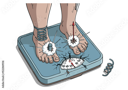 Extreme Weight Loss  A Humorous Illustration Depicting the Dramatic Effects of Rapid Weight Reduction on the Human Body, Showing a Cracked Scale and Damaged Feet.