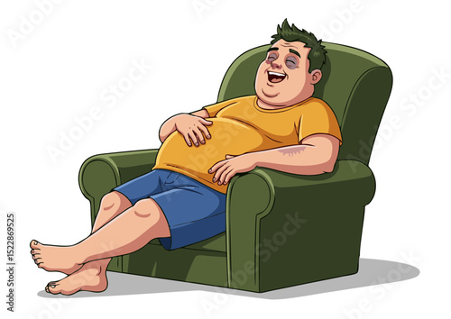 Overweight Man Relaxing in Armchair Cartoon Illustration of a Happy, Plump Man Enjoying Leisure Time at Home, Showing Body Positivity and Comfort
