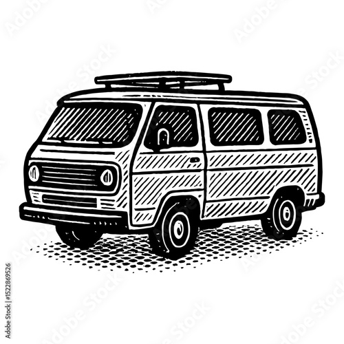 Camper Van Black and White Outline Line Art Drawing in Vintage Style Isolated on White Background
