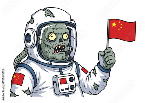 Zombie Astronaut in Space Suit Holding Chinese Flag A Spooky Illustration