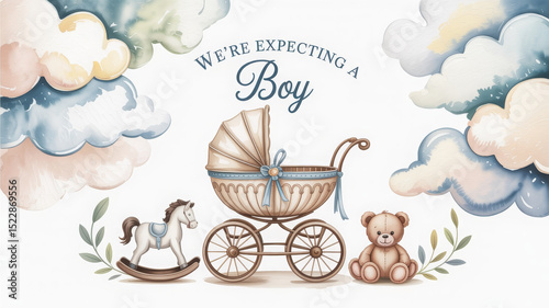 Elegant hand-painted baby shower card for a boy, featuring blue baby carriage, classic toys, and decorative lettering “We’re expecting a boy.”