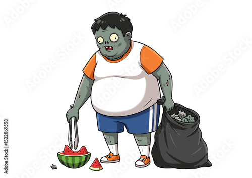 Cartoon Illustration of a Zombie Eating Watermelon and Carrying Trash Spooky Summer Fun Illustration