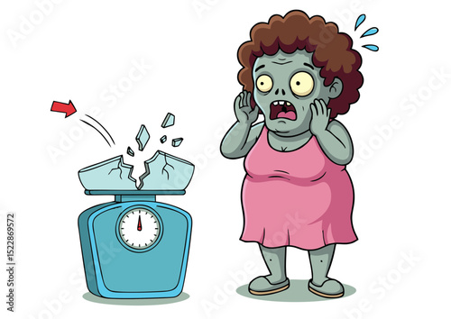 Shocked Zombie Woman Witnessing a Shattered Scale A Hilarious Illustration of Weight Loss Struggles and the Unexpected