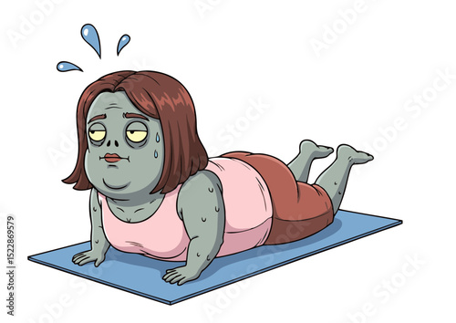 Exhausted Zombie Woman Doing Plank Exercise Humorous Fitness Illustration