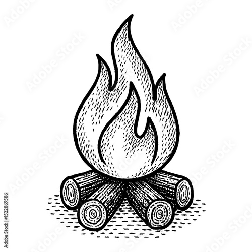 Wood Fire Flame Black and White Outline Line Art Drawing with Wood Cut Engraving Illustration