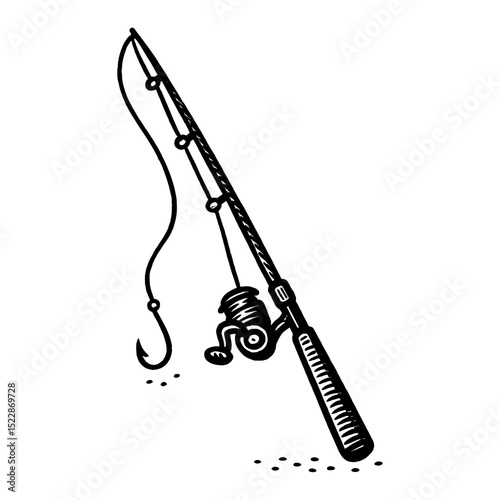 Fishing Rod with Hook and Reel in Black and White Outline Line Art Drawing