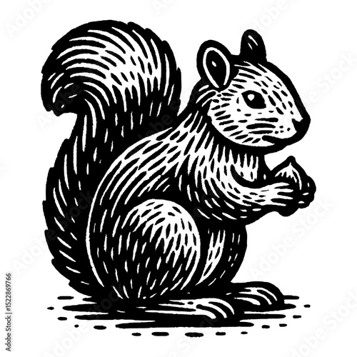 Squirrel Holding Nut Black and White Outline Line Art Drawing Illustration Detail Engraving Sketch