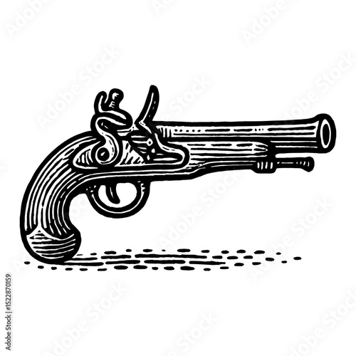 Flintlock Pistol Handgun Side View Black and White Outline Line Art Drawing Illustration