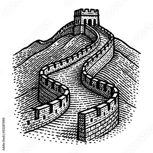 Great Wall of China Black and White Outline Line Art Drawing Engraving Illustration Style