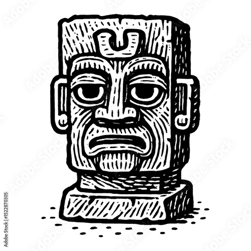 Stone Sculpture of Face in Black and White Outline Line Art Drawing Engraving Style Illustration