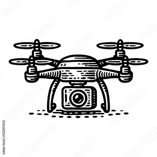 Drone with Camera Front View Black and White Outline Line Art Drawing Vector Illustration