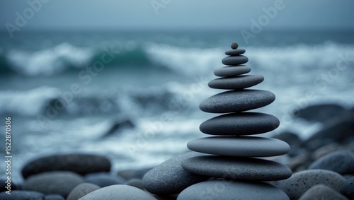 A tranquil image of smooth stacked stones with ocean waves in the background.