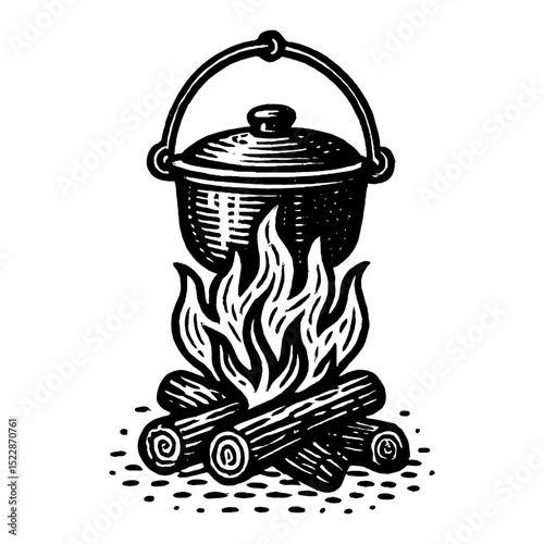 Cooking Pot Hanging Over Campfire Flames Black and White Outline Line Art Drawing