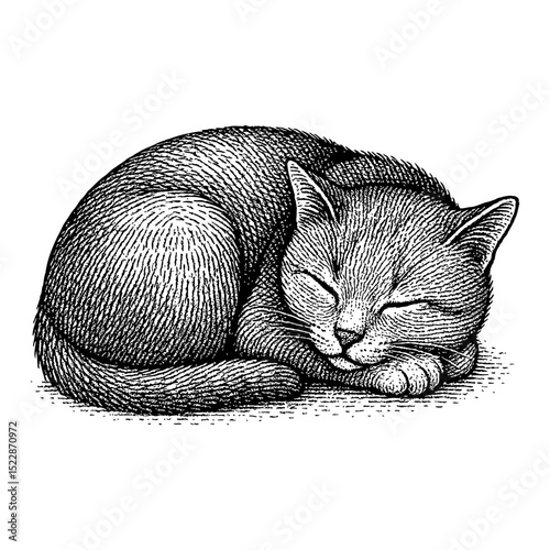 Sleeping Cat Curled Up Adorable Pet in Black and White Outline Line Art Drawing