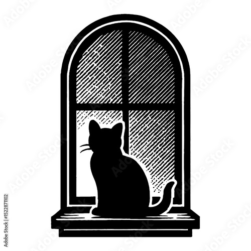 Cat Silhouette Sitting by Window Black and White Outline Line Art Drawing Illustration
