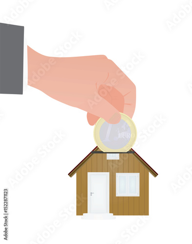 Hand put coin in piggybank to save for house. vector	