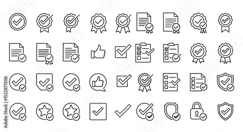 Collection of Verified, Approved, and Certified Icons Checkmarks, Badges, and Documents