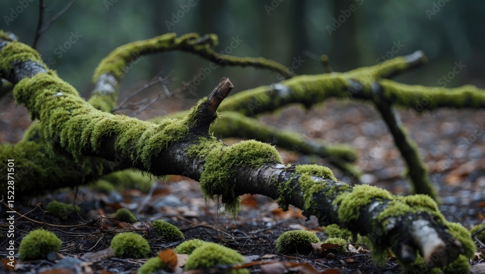 Fototapeta premium A branch lying on the ground, covered in moss.
