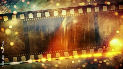 Realistic film stripe wave on blue background with place for text. Modern 3d isometric film strip in perspective. Cinema Background with film reel. Design template cinema festival banner, poster
