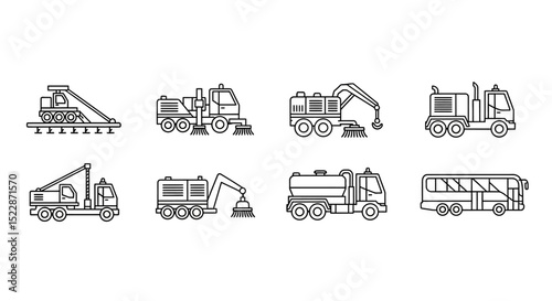 Collection of Line Art Icons Street Cleaning and Maintenance Vehicles