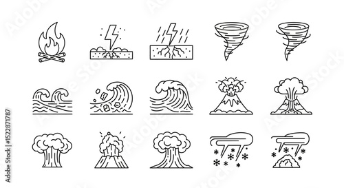 Natural Disaster Icons Line Art Collection of Fire, Earthquake, Tsunami, Volcano, and Tornado Illustrations