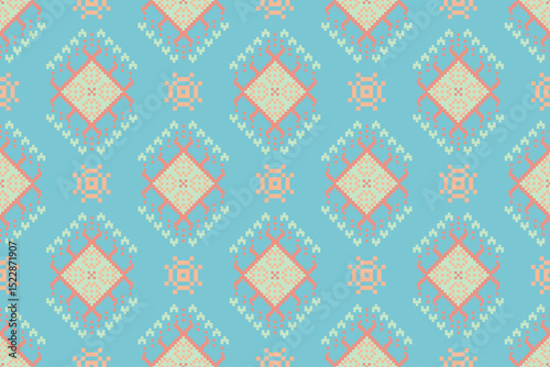 Cross stitch pattern concept showcasing traditional ethnic geometric pattern, Design for textile, background,carpet,wallpaper,clothing,wrapping,Batik,fabric,Vector illustration	
