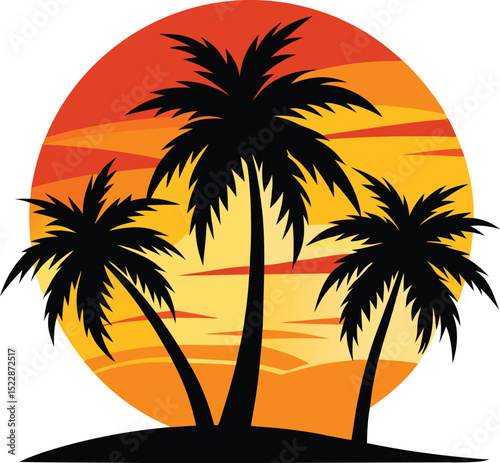 Tropical beach sunset with silhouetted palm trees