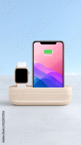 Wooden Charging Station with Smartwatch and Smartphone