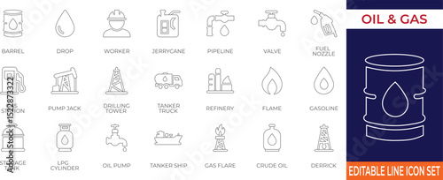 High-quality line icon set representing the oil, gas, and fuel industry essentials. Perfect for industrial, energy, and engineering-related projects and presentations.