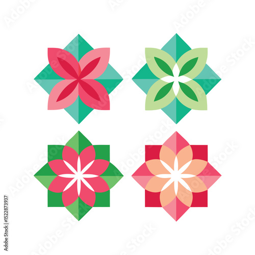 Geometric floral designs in a square composition with various color palettes on white background