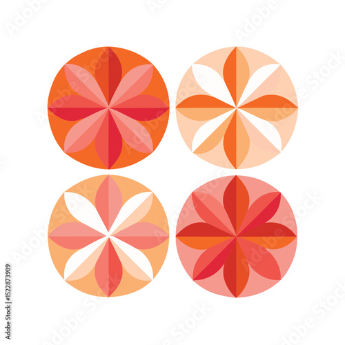 Geometric floral pattern in vibrant orange red and pink color palette on a white background.